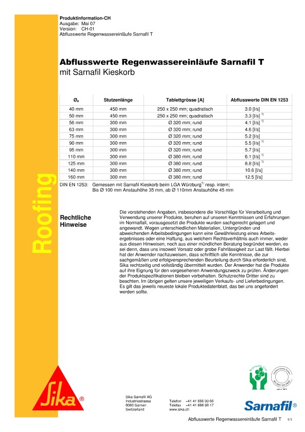 Abflusswerte Regenwassereinlaufe T