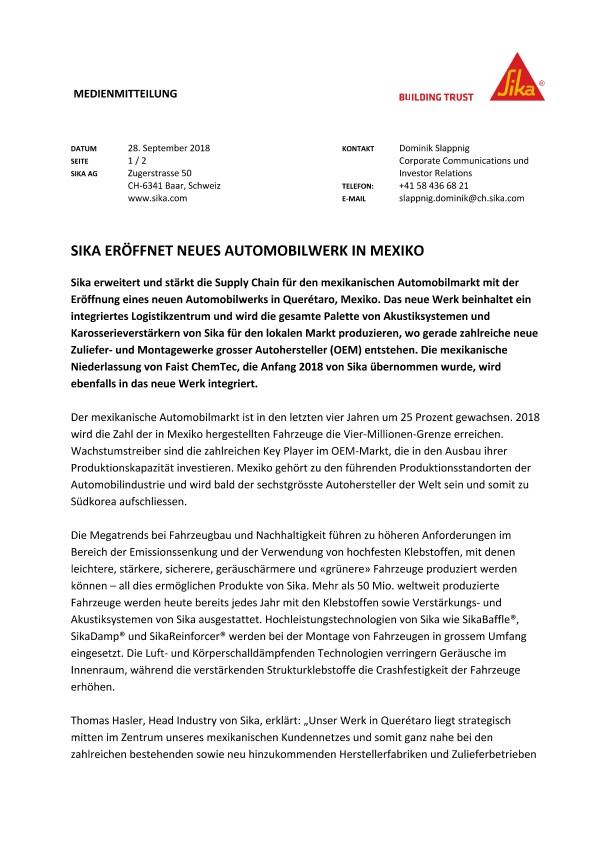 西卡eröffnet neues Automobilwerk在墨西科