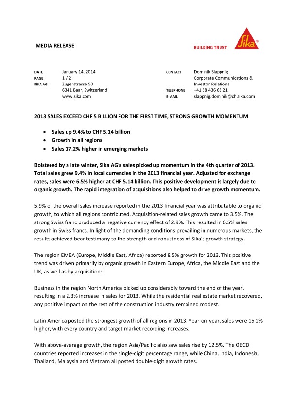 2013年销售首次超过50亿瑞士法郎,强劲的增长势头