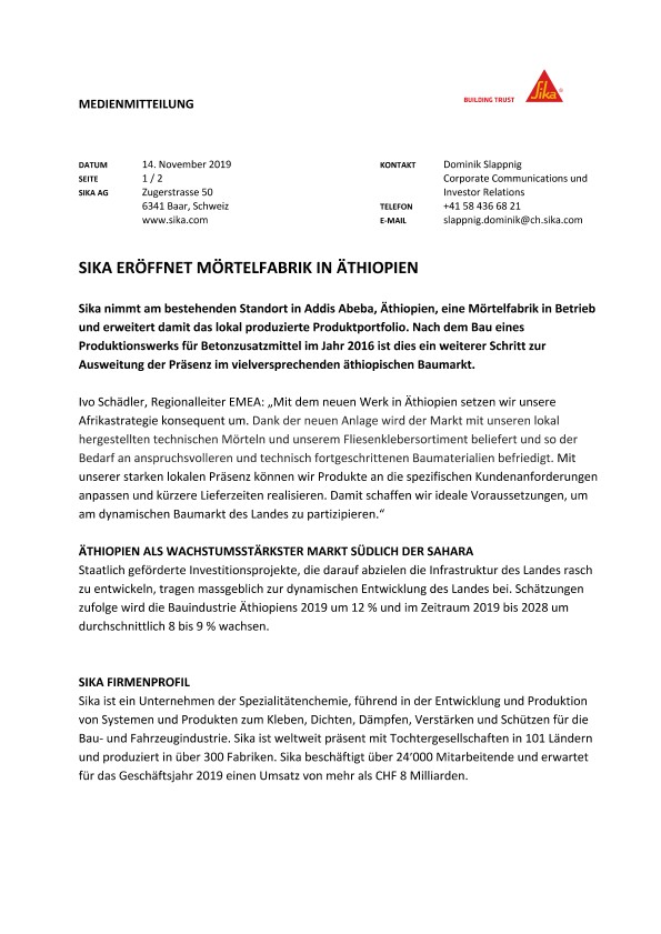 西卡eröffnet Mörtelfabrik Äthiopien - 2019年11月