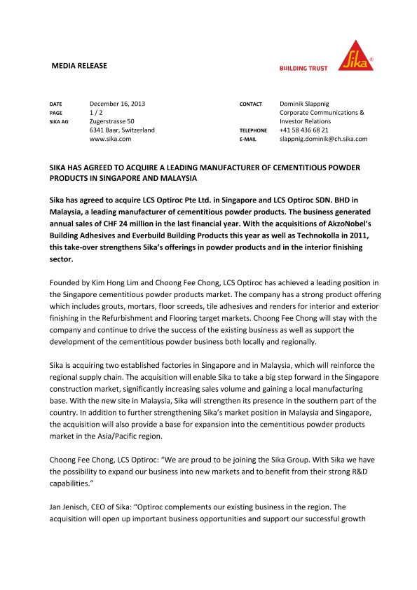 梅花鹿已同意收购的主要制造商在新加坡和马来西亚胶结粉产品