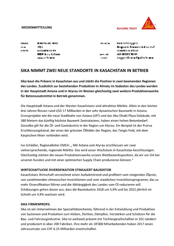 Kasachstan在Betrieb的Sika nimmt zwei neue Standorte