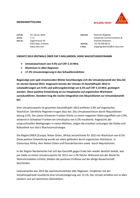 Umsatz 2013第一次超级瑞士法郎5 Milliarden hohe Wachstumsdynamik