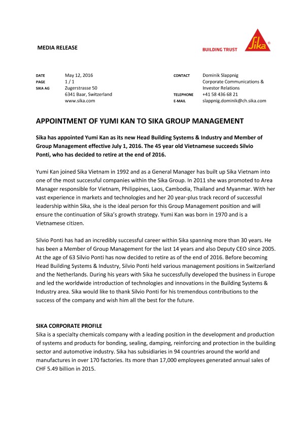 任命Yumi Kan对Sika Group Management