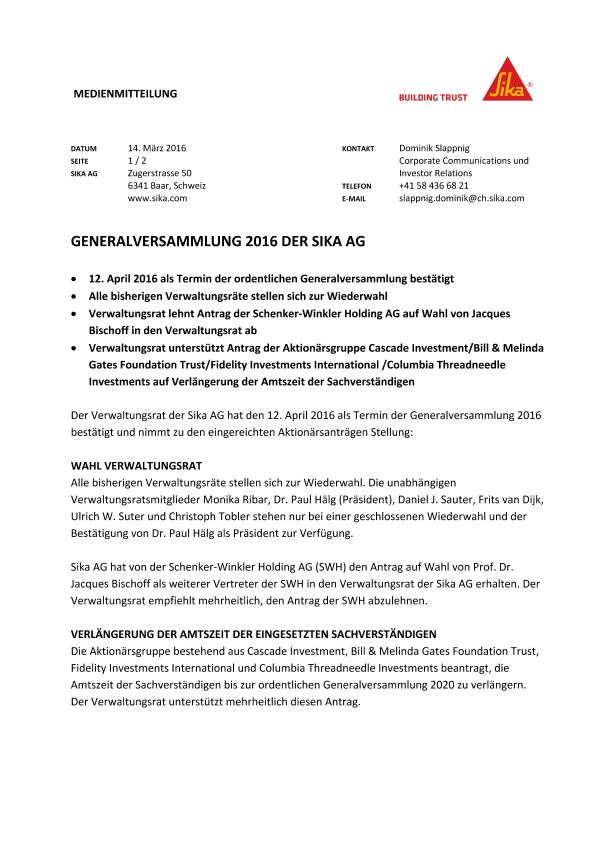 Generalversammlung 2016 der梅ayx小金体育花鹿AG)