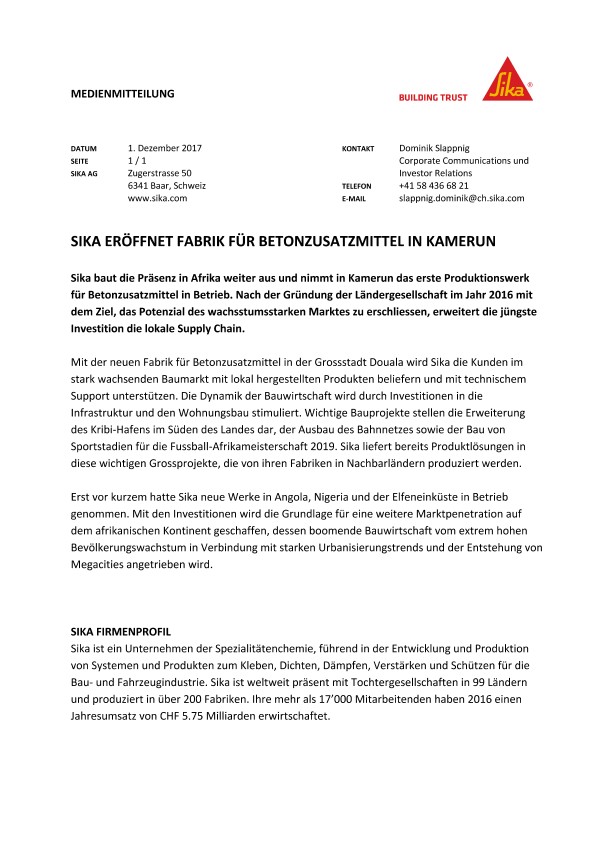 西卡eröffnet法布里克für卡默伦Betonzusatzmittel