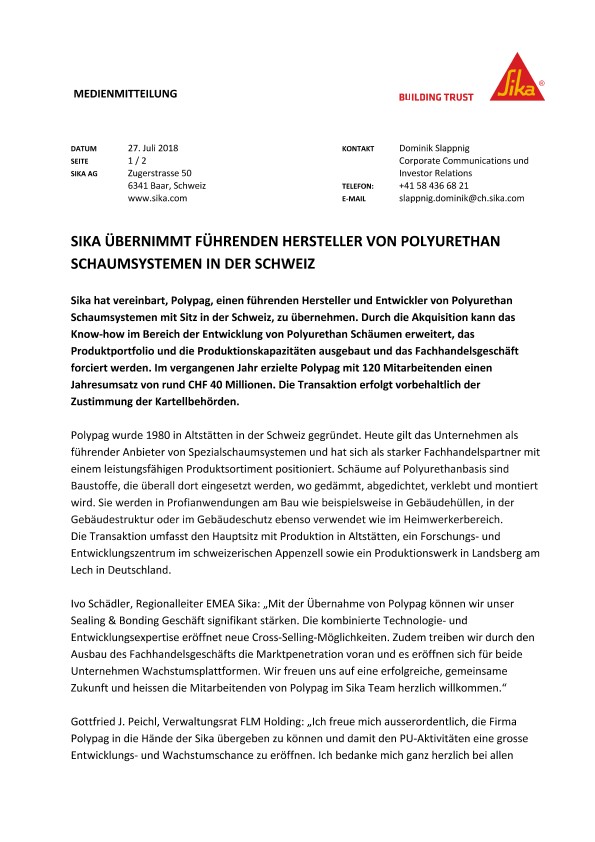 梅花鹿ubernimmt fuhrenden Hersteller冯Polyurethan Schaumsystemen在瑞士