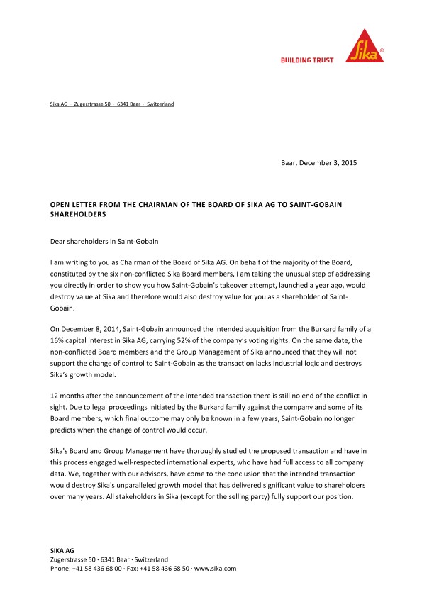 西卡集团董事长致圣戈班股东的公开信ayx小金体育