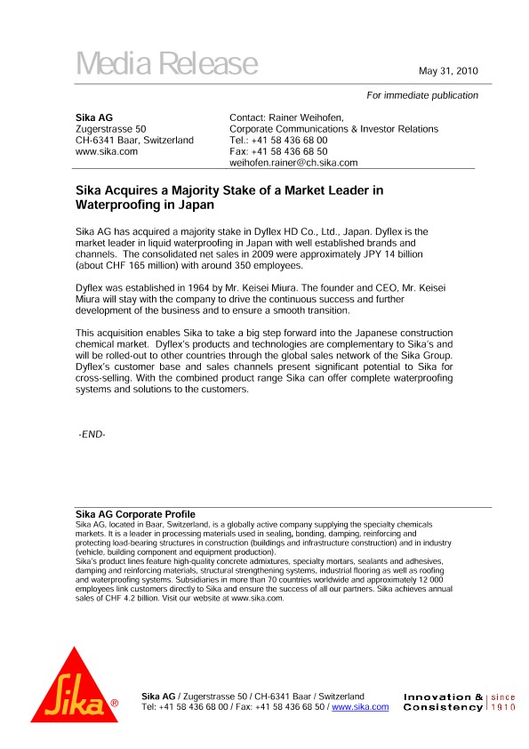 西卡（Sika）获得了日本防水市场领导者的多数股份