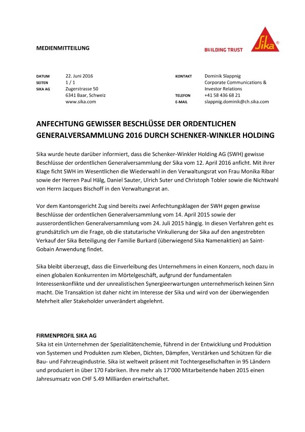 Anfechtung gewisser Beschlusse der ordentlichen Generalversammlung 2016军队Schenker-Winkler控股