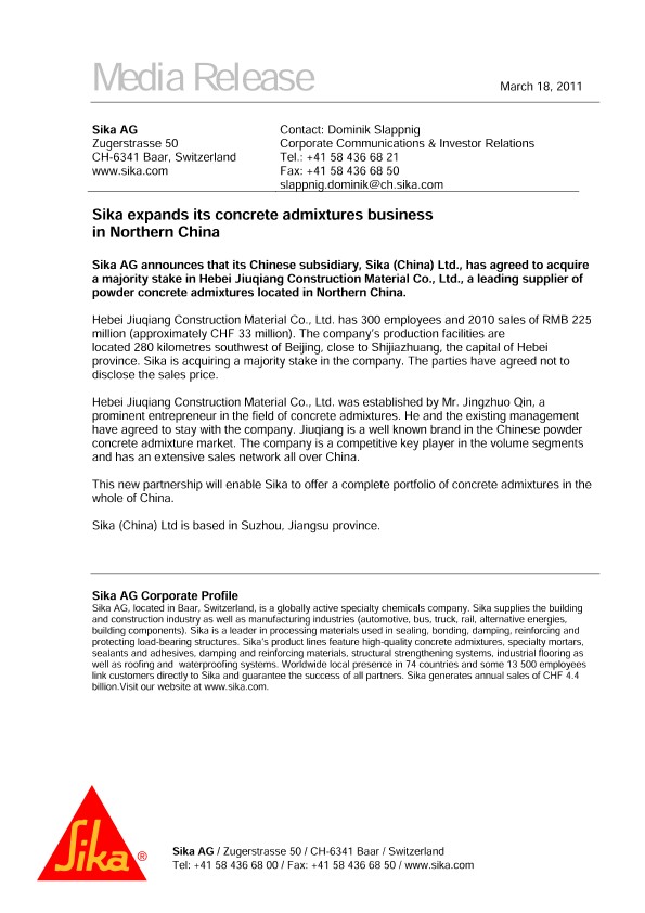 西卡在中国北方扩大混凝土外加剂业务