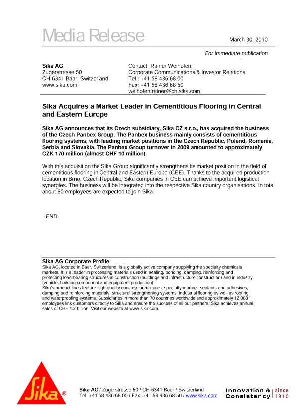 西卡（Sika）在中欧和东欧获得了水泥地板的市场领导者