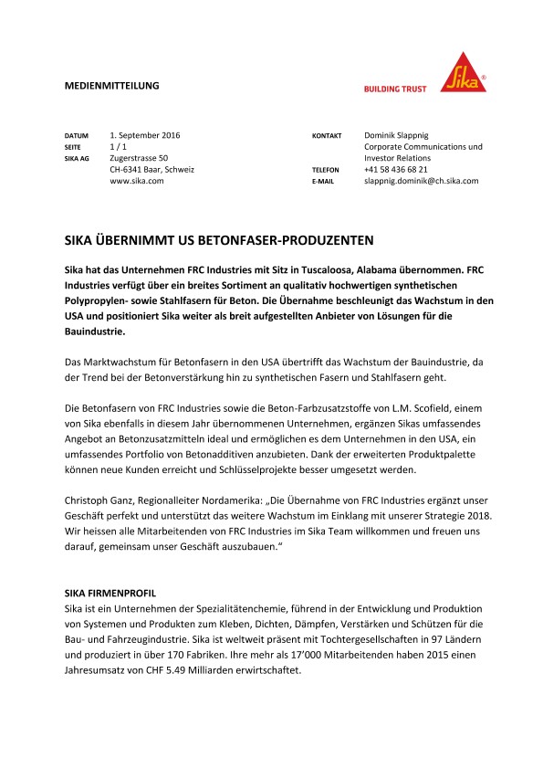 西卡übernimmt美国Betonfaser-Produzenten