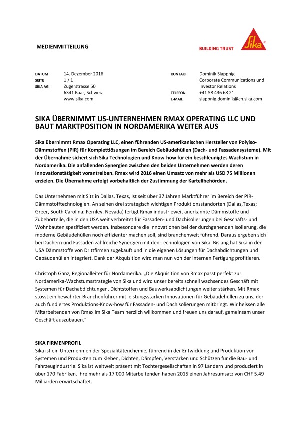 西卡übernimmt US-Unternehmen Rmax Operating LLC und baut Marktposition在Nordamerika weiter aus