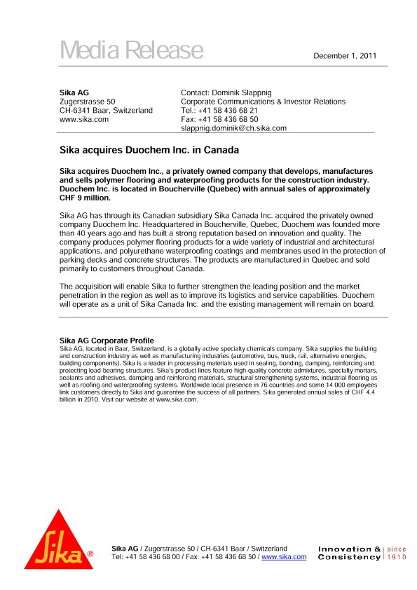 Sika在加拿大收购了Duochem Inc.