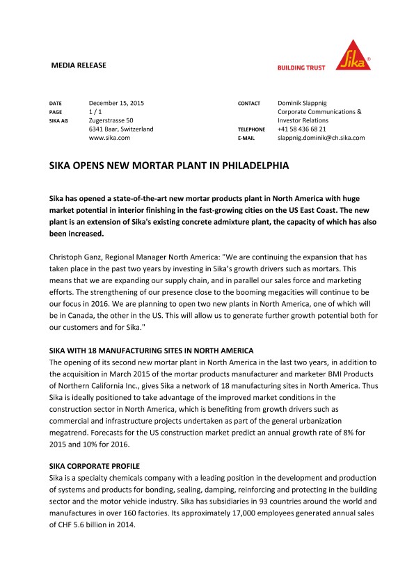 西卡在费城开设新的砂浆工厂