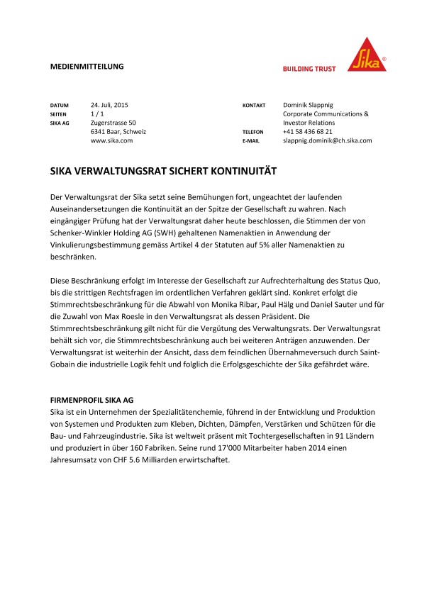 Sika Verwaltungsrat SichertKontinuität