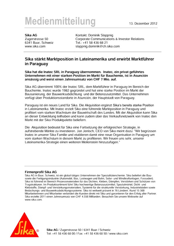 在巴拉圭的Lateinamerika和ErwirbtMarktführer中的SikaStärkt标记