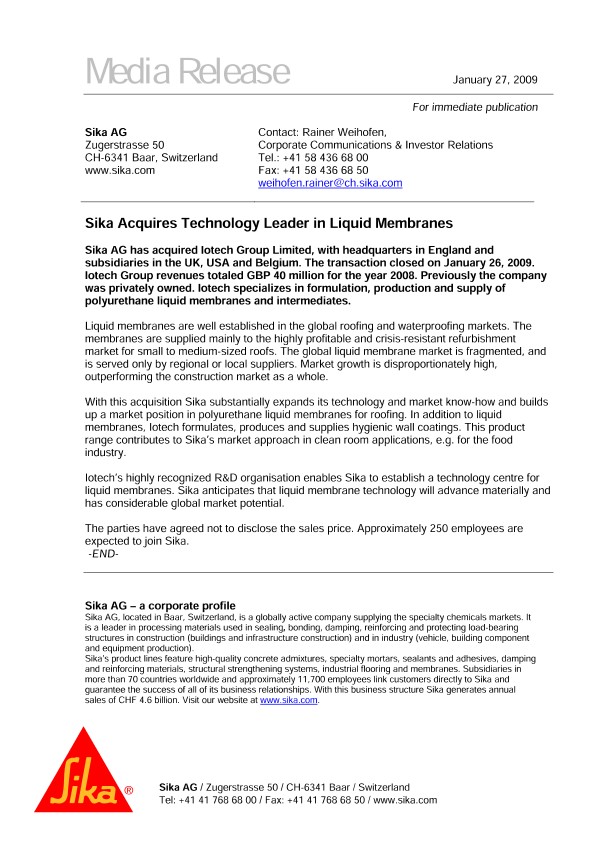 西卡获得液体膜技术领导者