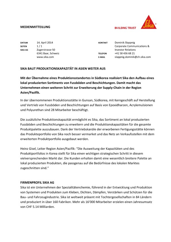 西卡波特Produktionskapazität在Asien weiter aus