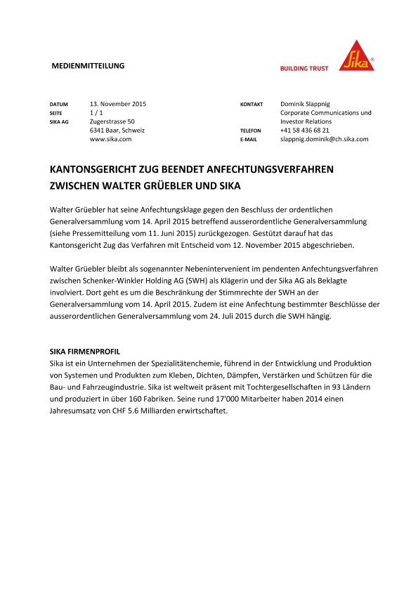 Kantonsgericht楚格beendet Anfechtungsverfahren来沃尔特Gruebler梅花鹿