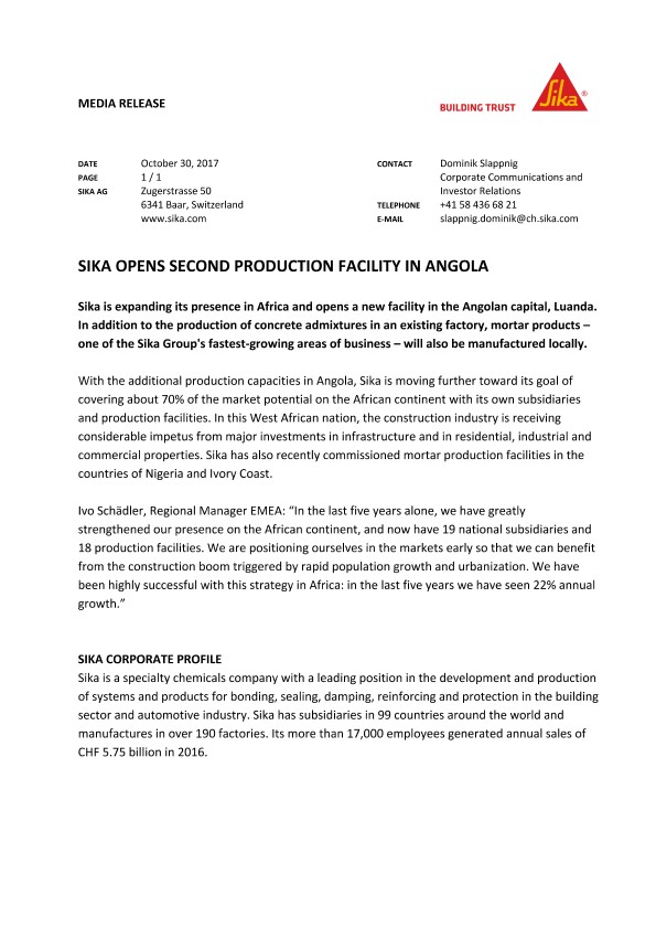 Sika在安哥拉开设了第二个生产设施