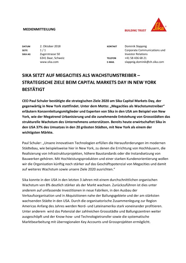 Sika Setzt Auf Megacities Als Wachstumstreber-策略赛Ziele Beim Capital Markets Day in New YorkBestätigts