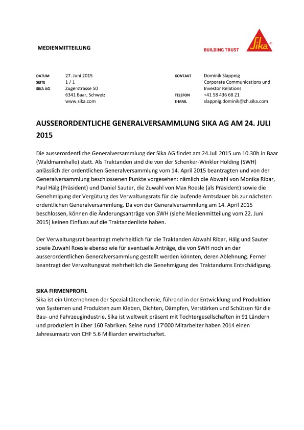 Ausserordentliche Generalversmlung siayx小金体育ka ag Am 24.朱利2015