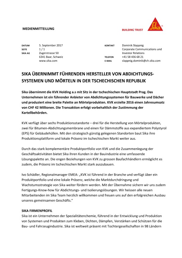 SikaübernimmtFührendenHersteller von Abdichtungssystemen andMörtelnin der Tschechischen Republic