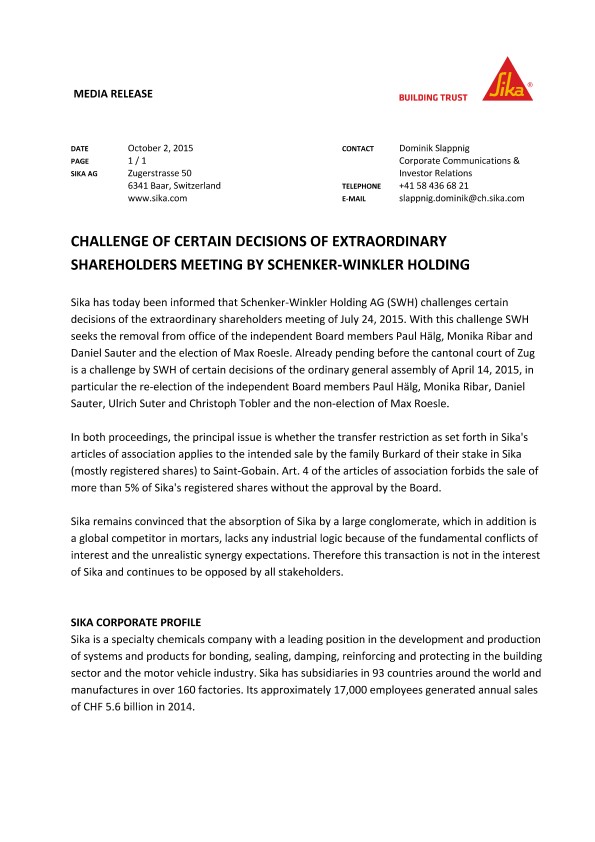 申克-温克勒控股对临时股东大会若干决定的质疑