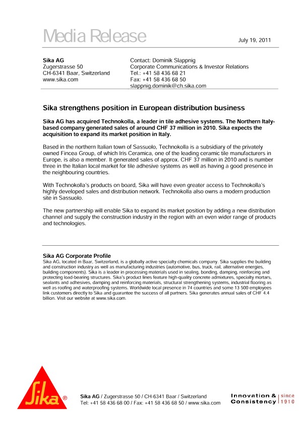 Sika加强了在欧洲分销业务中的地位