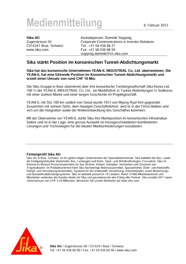 西卡stärkt位置im koreanischen隧道- abdichtungsmarkt