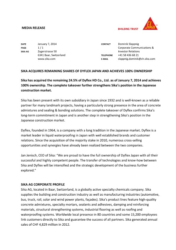 西卡收购Dyflex日本剩余股份并获得100%所有权