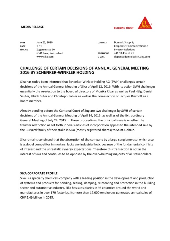 挑战的2016年年度股东大会决定Schenker-Winkler控股