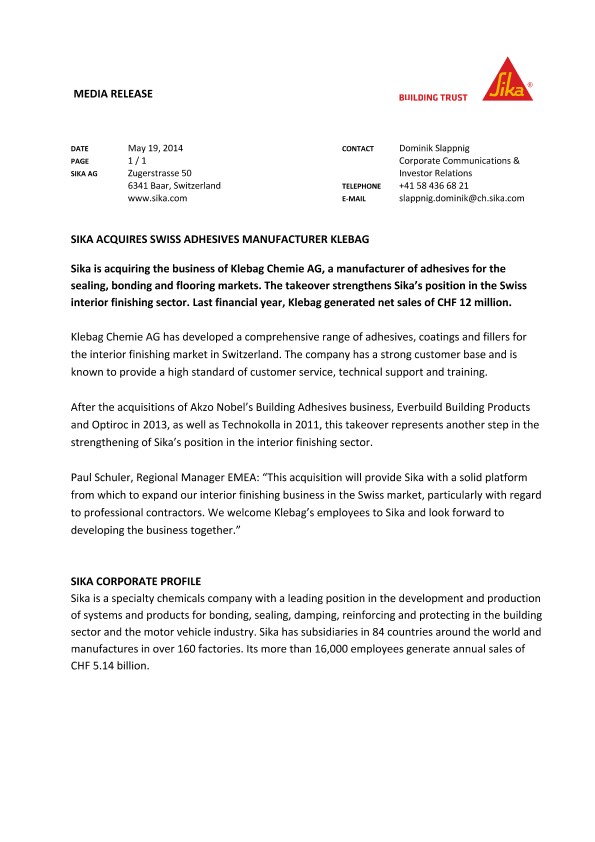 梅花鹿获得瑞士Klebag胶粘剂制造商