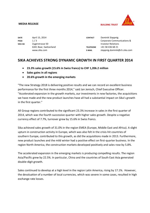 西卡2014年第一季度实现强劲增长