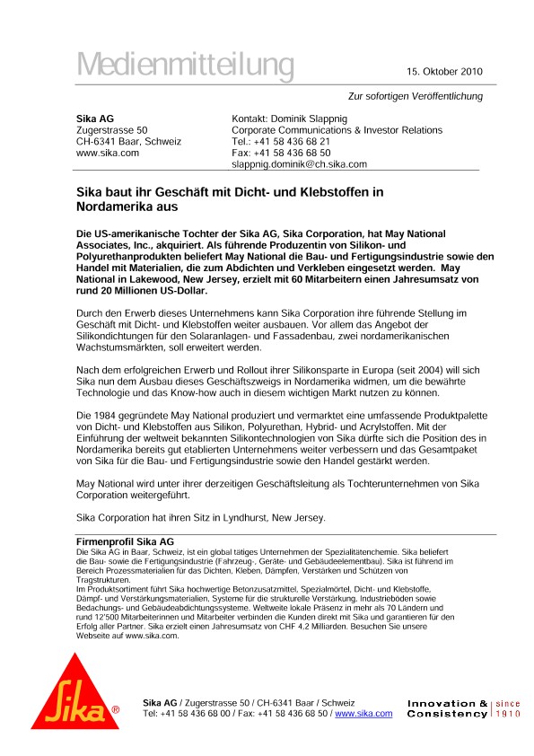 sika baut ihrgeschäftMitMit Dicht- und Klebstoffen在Nordamerika aus