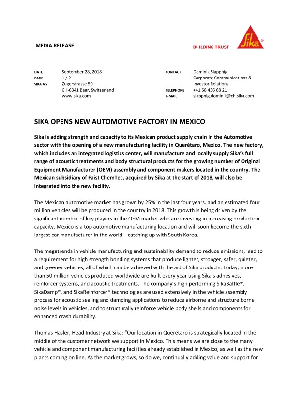 西卡在墨西哥开设新汽车厂