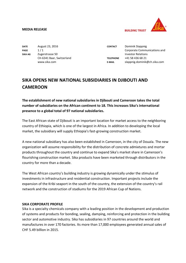 Sika在Jibouti和喀麦隆开设了新的国家子公司
