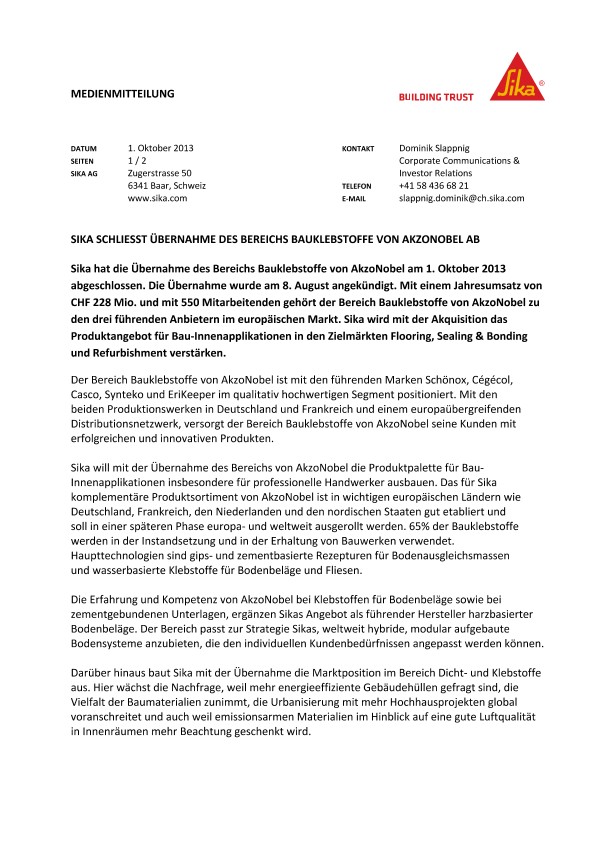 梅花鹿schliesst Ubernahme des德国Bauklebstoffe冯阿克苏诺贝尔公司ab