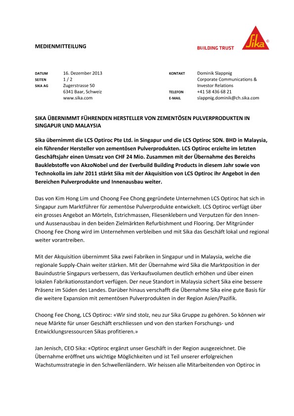 梅花鹿ubernimmt fuhrenden Hersteller冯zementosen Pulverprodukten Singapur和马来西亚