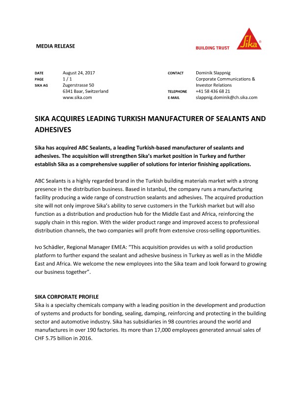 Sika收购了土耳其主要的密封剂和粘合剂制造商