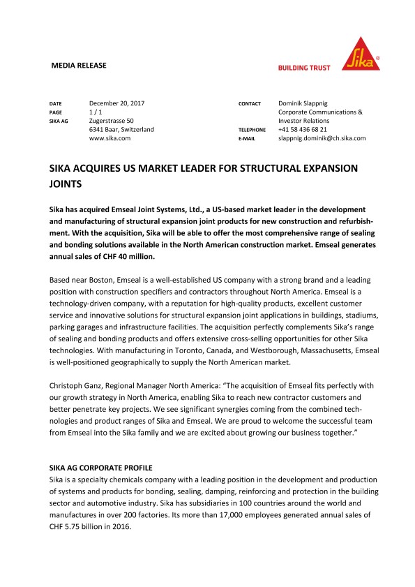 西卡收购美国结构伸缩缝市场领导者