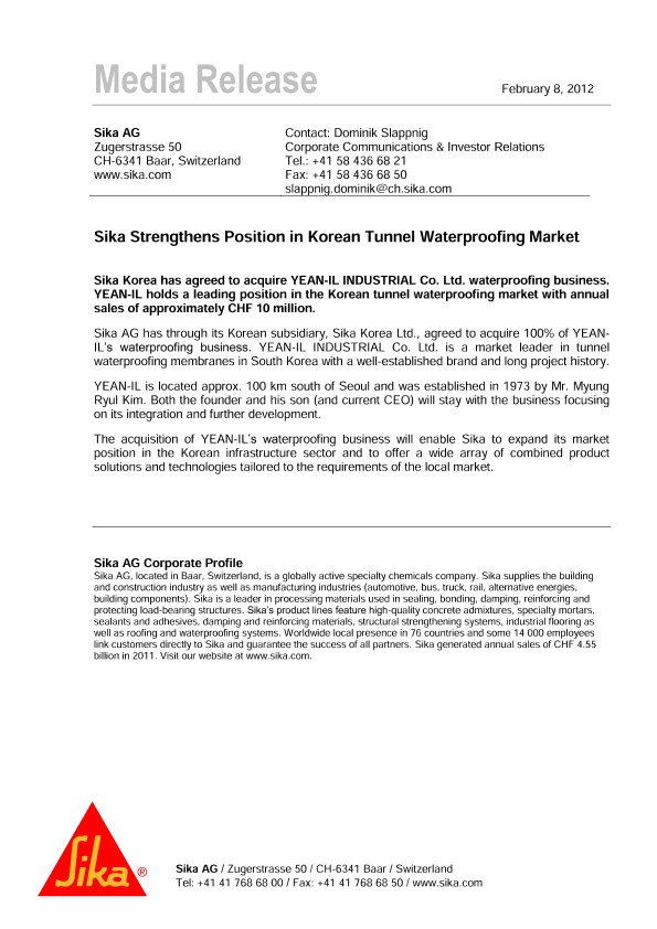西卡加强在韩国隧道防水市场的地位