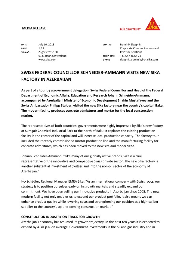 瑞士联邦委员Schneider-Ammann访问新梅花鹿工厂在阿塞拜疆