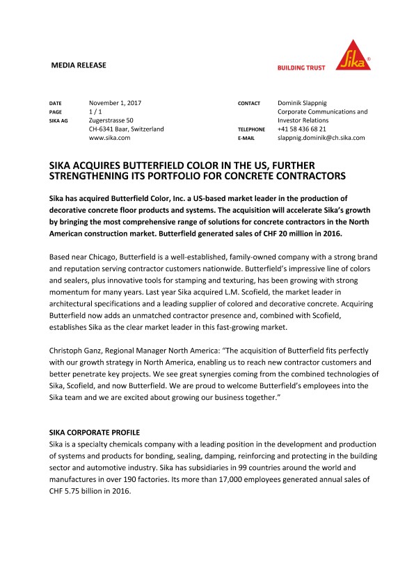Sika在美国获得Butterfield Color，进一步加强了其混凝土承包商的投资组合