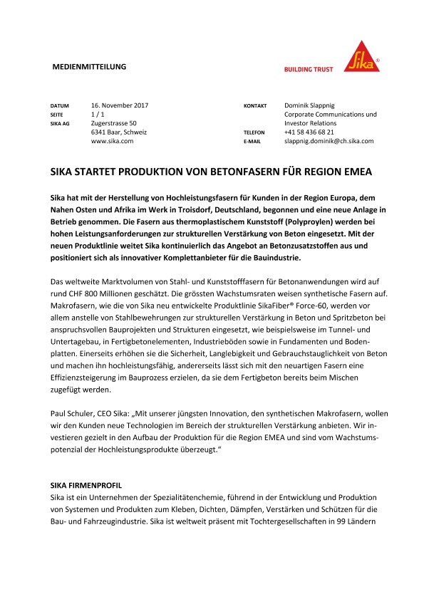 梅花鹿startet Produktion冯Betonfasern毛皮EMEA地区