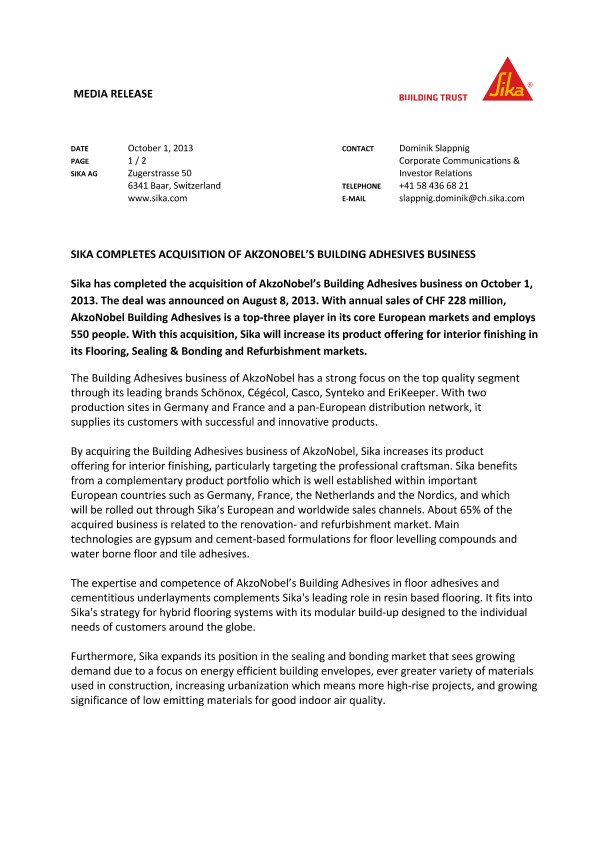 梅花鹿完成收购阿克苏诺贝尔公司的建筑粘合剂业务