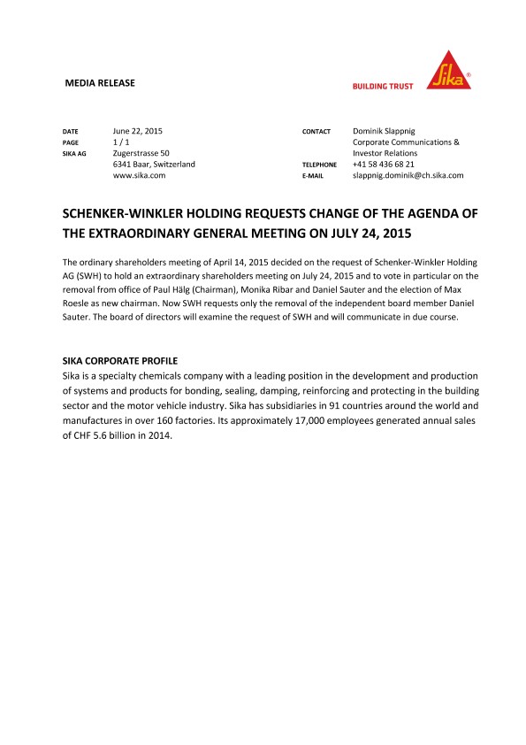 Schenker-Winkler控股请求改变议程的特别大会7月24日,2015年
