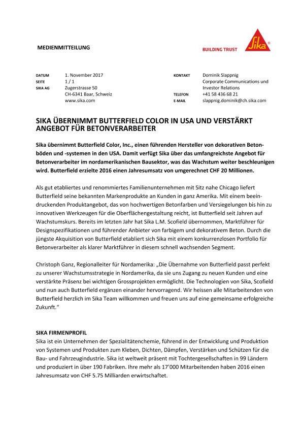 SikaübernimmtButterfield Color in USA undverstärktangebotfürbetonverarbeiter